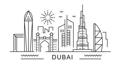 Naklejka premium Dubai minimal style City Outline Skyline with Typographic. Vector cityscape with famous landmarks. Illustration for prints on bags, posters, cards. 