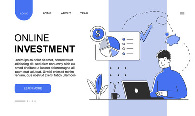 Male character is working on online investment on laptop. Young man is investing into business online alone. Website, web page, landing page template. Flat cartoon vector illustration