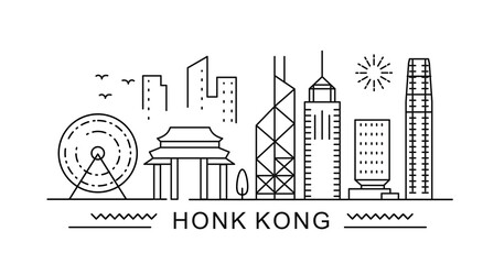 Naklejka premium Hong Kong minimal style City Outline Skyline with Typographic. Vector cityscape with famous landmarks. Illustration for prints on bags, posters, cards. 