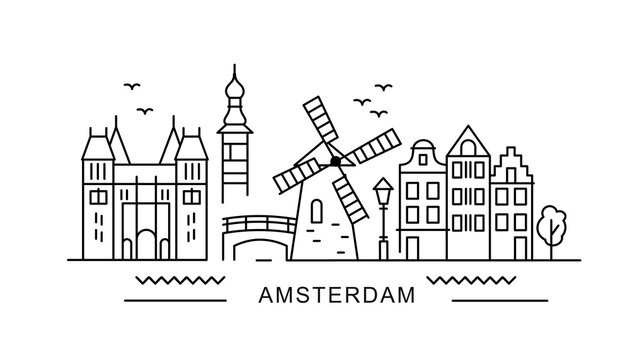 Amsterdam minimal style City Outline Skyline with Typographic. Vector cityscape with famous landmarks. Illustration for prints on bags, posters, cards. 