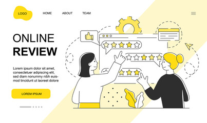 Obraz na płótnie Canvas Two female characters are setting online review together. Concept of online feedback and rating by giving stars. Website, web page, landing page template. Flat cartoon vector illustration