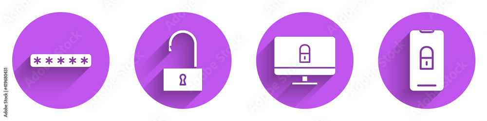 Poster set password protection, open padlock, lock on computer monitor and mobile with closed padlock icon 
