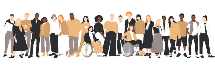 People of different ethnicities stand side by side together. Flat vector illustration.
