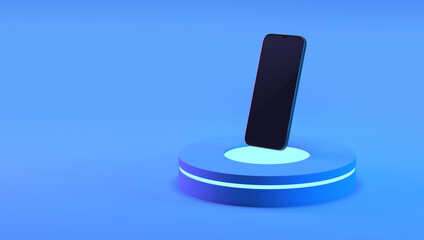 Mobile phone on a luminous presentation podium. 3D illustration