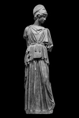 Ancient Greek Roman statue of goddess Athena god of wisdom and the arts historical sculpture isolated on black. Marble woman in helmet sculpture
