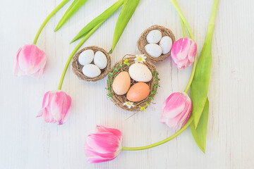 Easter holiday greeting card. Three bird nests with eggs and pink tulips on white wooden background. Top view