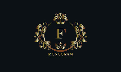 Exquisite bronze monogram on a dark background with the letter F. Stylish logo is identical for a restaurant, hotel, heraldry, jewelry, labels, invitations.