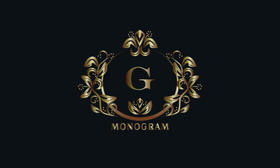 Exquisite bronze monogram on a dark background with the letter G. Stylish logo is identical for a restaurant, hotel, heraldry, jewelry, labels, invitations.