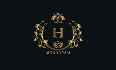 Exquisite bronze monogram on a dark background with the letter H. Stylish logo is identical for a restaurant, hotel, heraldry, jewelry, labels, invitations.