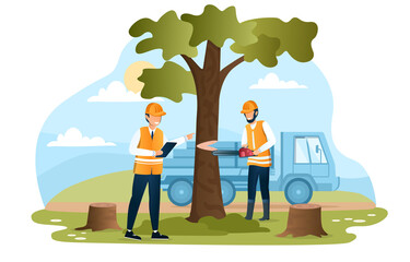 Male character in workwear cutting tree with a chainsaw. Man in uniform with clipboard is checking on deforestation in the woods on a hot summer day. Flat cartoon vector illustration