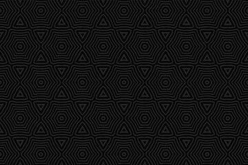 Geometric abstract black wallpaper. Ethnic background with volumetric composition with 3D effect of convex shape. Design for presentations, websites.