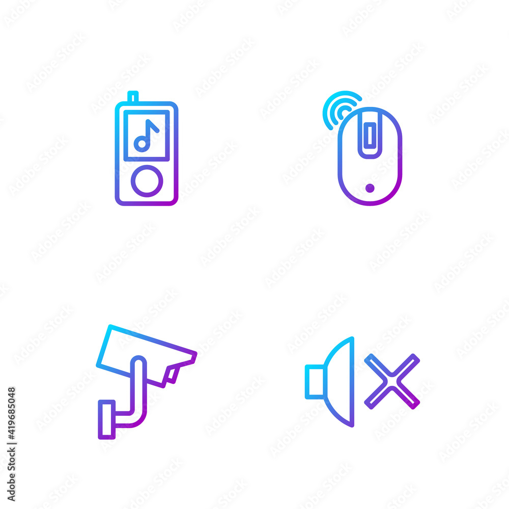 Poster set line speaker mute, security camera, music player and wireless computer mouse. gradient color ico