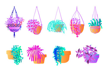 Obraz premium Neon tropical plants and flowers in pots. Vector color sketch on a white background. Ultraviolet pink, blue, turquoise.