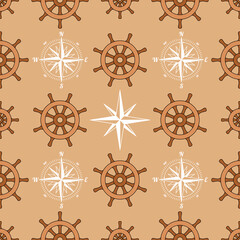 Seamless background. Ship rudders with wind rose or sea compass. Marine theme.