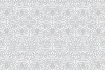 Geometric white wallpaper with ethnic ornament from circles and polygons. Background with volumetric composition with 3D effect of convex shape. Design for presentations, brand book.