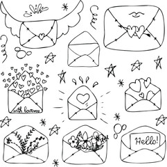 envelopes vector set of mail items isolated elements. Mail with hearts, flowers, letter hello