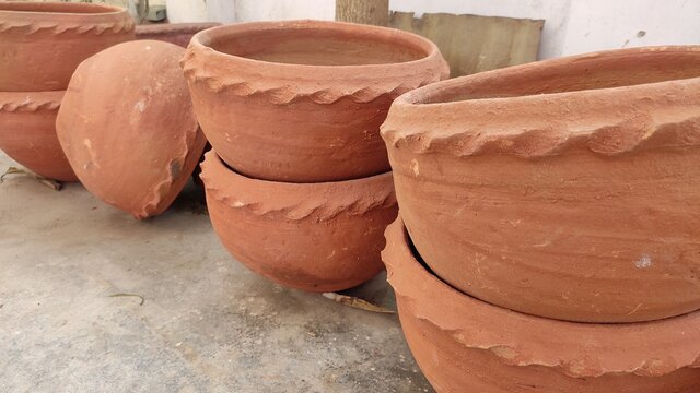 Terracotta clay pot used to grow plant in home made all by hands by a potter on potters wheel