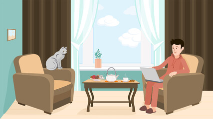 a man at home with a cat. Home comfort with a laptop and a cup of coffee and cakes. Vector illustration for animation. Editable strokes. All the details are on separate layers.