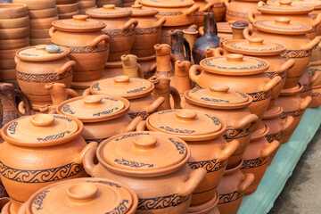 Traditional Georgian clay pottery for sale in the village of Shrosha