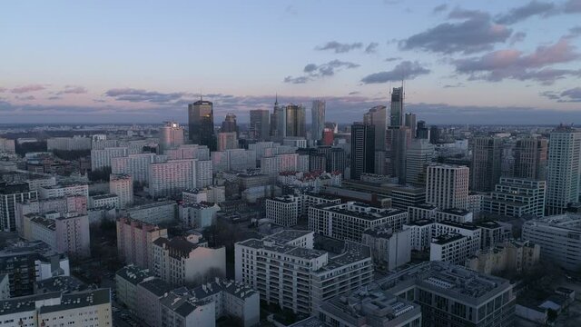 Warsaw skyscrapers at dusk. A video from a drone showing the skyline in a large Polish city.

