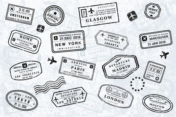 World travel passport stamps. Vector background with passport stamps.