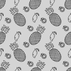 Vector seamless pattern of tropical fruits in doodle style