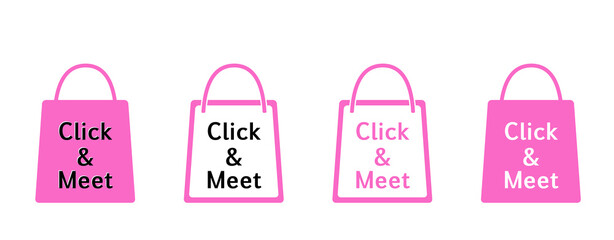 „Click & Meet“ Icons Einkaufstüten, Einkaufstaschen, Tragetaschen, in grün, blau, pink, rot, 
Reklame Hintergrund, Einkaufen mit Termin, 
Vektor Illustration isoliert auf weißem Hintergrund
