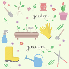 Gardening elements collection. Seamless pattern of greens, flowers, pot, rubber boots, watering can, shovel, seeds.