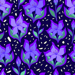  seamless pattern of lilies with opened leaves and buds on a contrasting background with dots. Botanical illustration for fabrics, textiles, wallpapers, papers, backgrounds.
