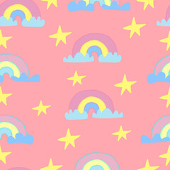 Rainbow pattern with clouds and stars.  seamless pattern for kids, fabrics, clothes, wallpaper, nursery