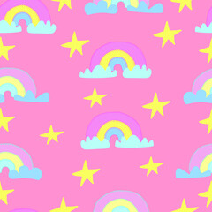 Rainbow pattern with clouds and stars.  seamless pattern for children, fabrics, clothes, wallpaper, nursery. Hand drawing