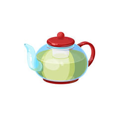 Tea pot with herbal green tea isolated transparent kettle with green cap. Vector modern teapot household appliance to boil water, brew tea or coffee. Kitchen equipment, chinese drink, teatime