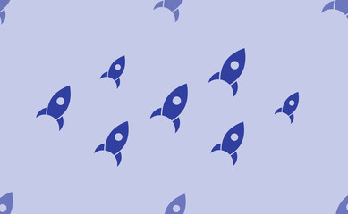 Seamless pattern of large isolated blue rocket symbols. The pattern is divided by a line of elements of lighter tones. Vector illustration on light blue background