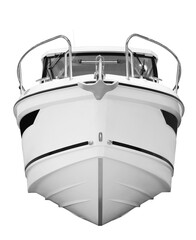 The image of white luxury motor boat, luxury motor boat front view isolated on white