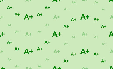 Seamless pattern of large and small green A plus symbols. The elements are arranged in a wavy. Vector illustration on light green background