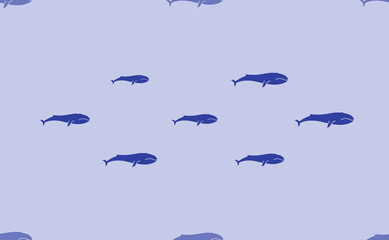 Seamless pattern of large isolated blue whale symbols. The pattern is divided by a line of elements of lighter tones. Vector illustration on light blue background