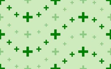 Seamless pattern of large and small green plus symbols. The elements are arranged in a wavy. Vector illustration on light green background