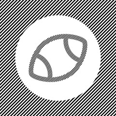 A large rugby symbol in the center as a hatch of black lines on a white circle. Interlaced effect. Seamless pattern with striped black and white diagonal slanted lines