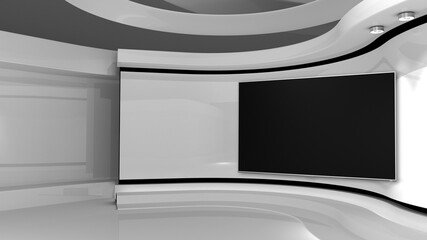 White Studio. Screen on wall. White background. White back drop. 3d rendering