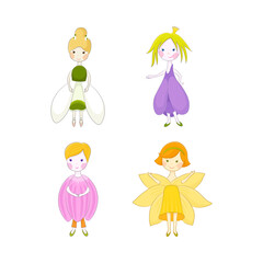 Cute cartoon spring fairies collection. Flower elf characters. Forest and garden creatures.
