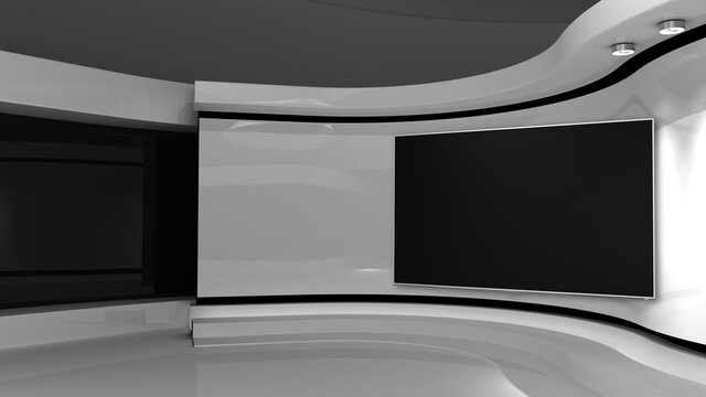 White Studio. Screen on wall. White background. White back drop. 3d rendering