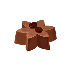 Flower shape chocolate candy with coffee beans isolated sweet food dessert. Vector homemade realistic treat of brown chocolate, 3D confection sign, nutrition belgian or swiss chocolate treat
