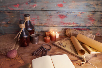 scented candles and other items on rustic wooden table