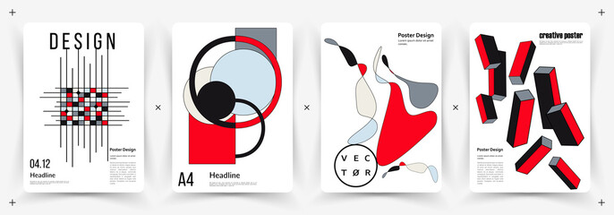 Suprematism, geometric shapes. Red, black and blue color. A set of posters. Vector.