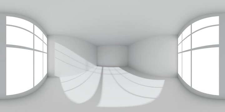 HDRI environment map of empty white room with white wall, floor, ceiling with sun light from window, colorless white 360 degrees spherical panorama form window of room 3d animation mock-up