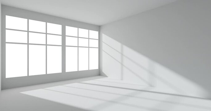 Empty white room with white wall, floor, ceiling with sun light from window, colorless white room 3d animation mock-up, view from corner 