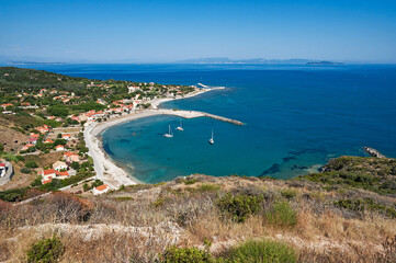 Othoni, Greece, Ionian Islands, Europe, Corfu district, View of Ammos. in the background on the left the island of Erikoussa, in the center the coast of Corfu and on the right the island of Mathraki.