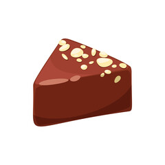 Triangle praline candy with pieces of nut isolated sweet food dessert. Vector luxury chocolate sweets, one candy with white sprinkles in 3D realistic design. Delicious treat with topping