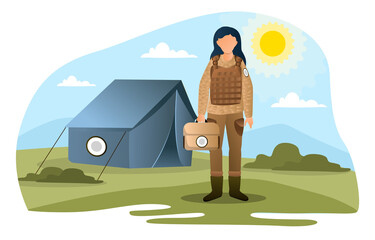Female military doctor in camouflage standing with first aid kit. Concept of military camp. Woman with medicine kit taking care of soldiers on base on hot summer day. Flat cartoon vector illustration