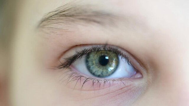 Beautiful girl`s green eye. Open and close footage. Moving eye close up footage
